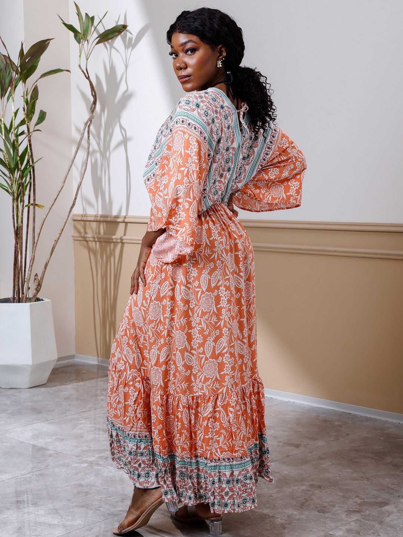 V-neck Beach Vacation Bat Sleeve Bohemian Dress