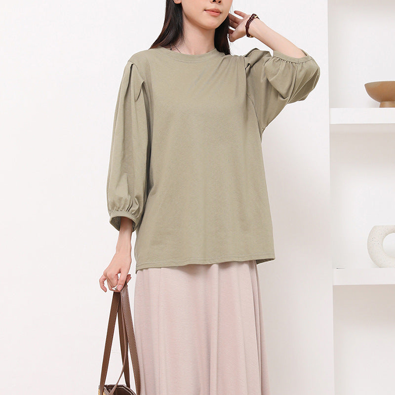 Japanese Cotton T-shirt Women's Breathable Lantern Sleeve