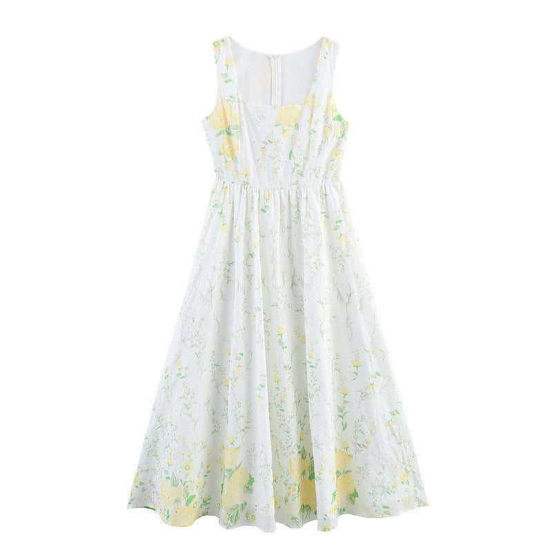 Embroidered Large Swing Square Collar Sleeveless Dress