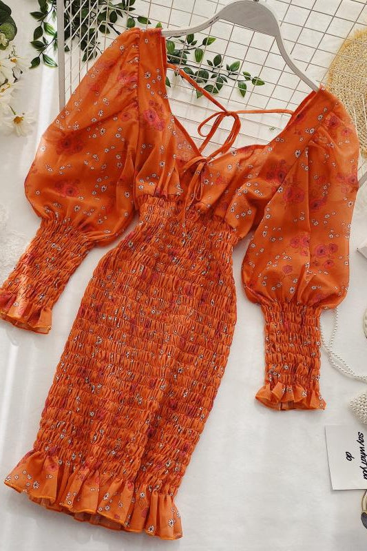 Floral bubble sleeve hip dress