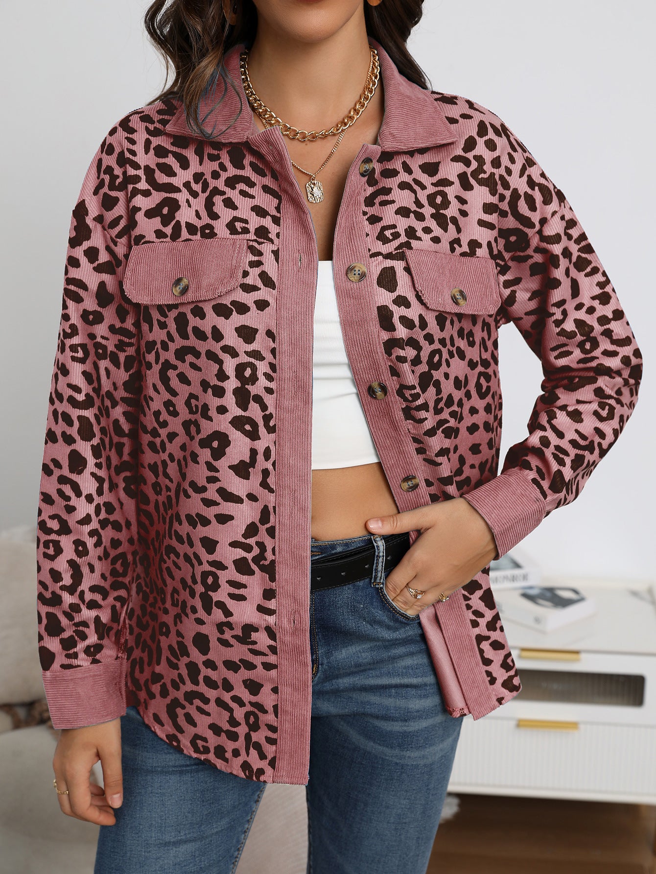 Fashion Leopard Print Corduroy Button Long Sleeve Coat For Women