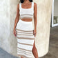 Summer New Sleeveless Vest Slit Striped Skirt Knitting Suit