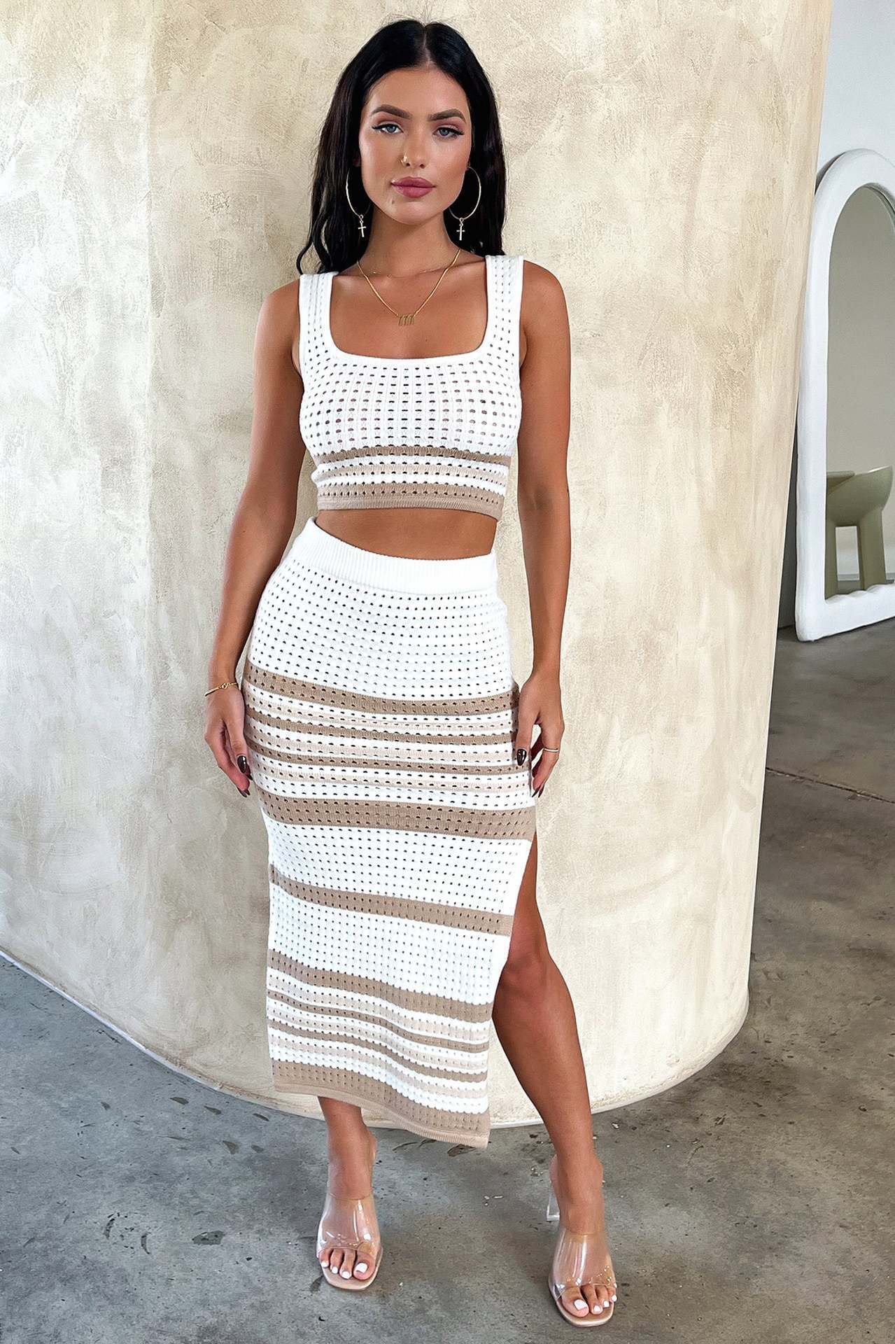 Summer New Sleeveless Vest Slit Striped Skirt Knitting Suit