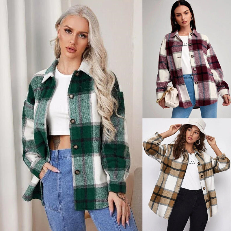 Women's Autumn And Winter Loose Lapel Long-sleeved Plaid Shirt Coat