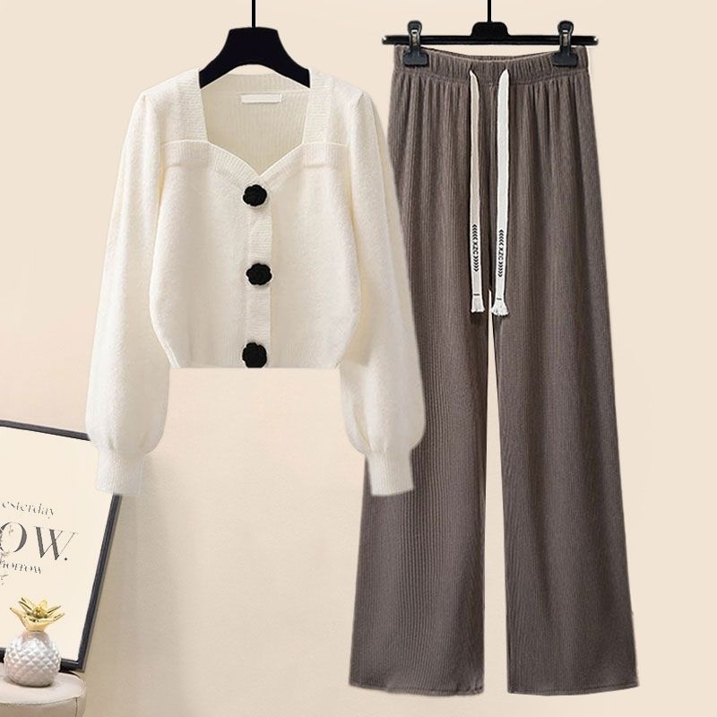 Gentle Puff Sleeve Knit Sweater High Waist Wide Leg Casual Pants Set