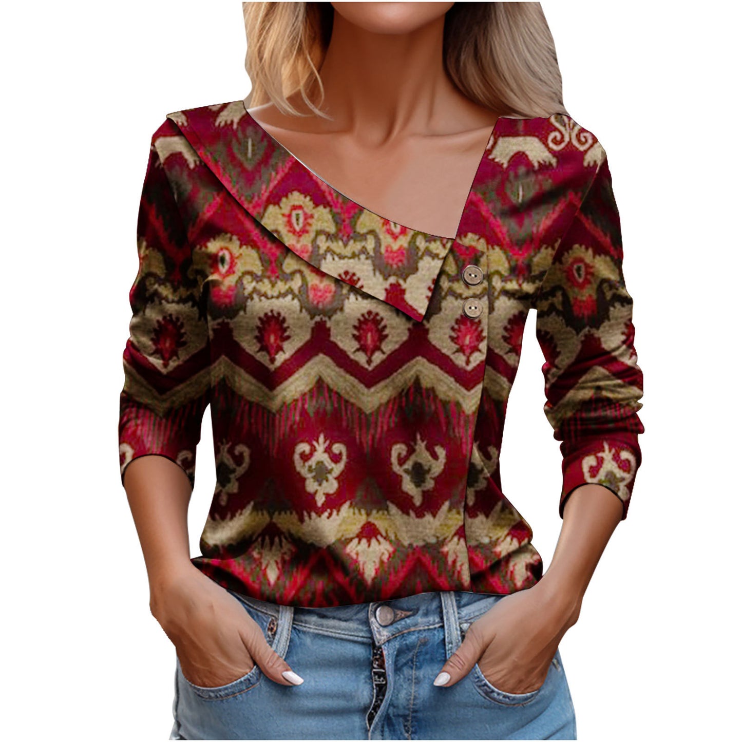 Women's Long-sleeved V-neck Printed T-shirt