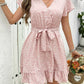 Summer French High Waist Floral Tie-neck V-neck Short Sleeve Dress