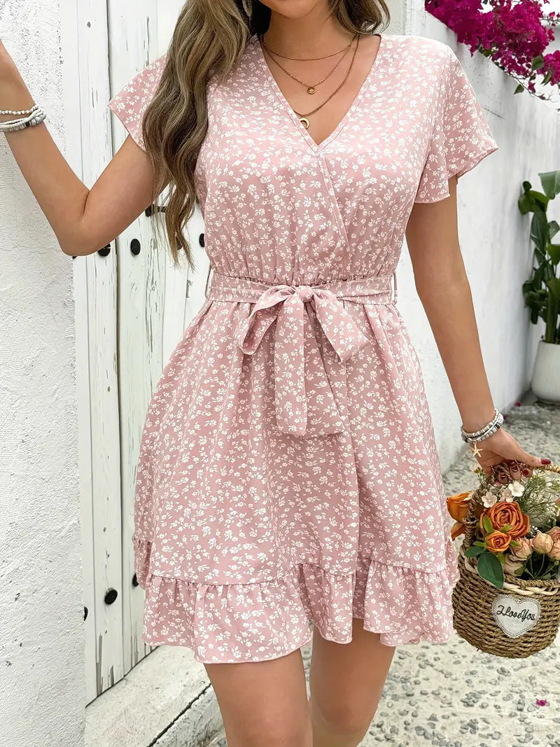 Summer French High Waist Floral Tie-neck V-neck Short Sleeve Dress