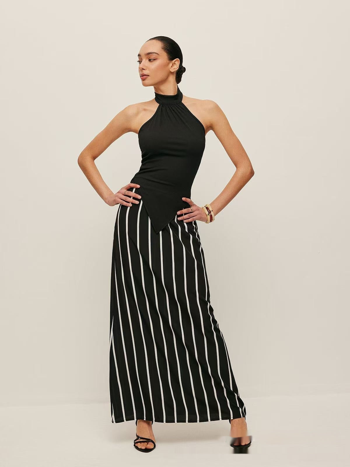 European And American Simple Halter Backless Sunken Stripe Knitted Top Striped Black And White High Waist Skirt For Women