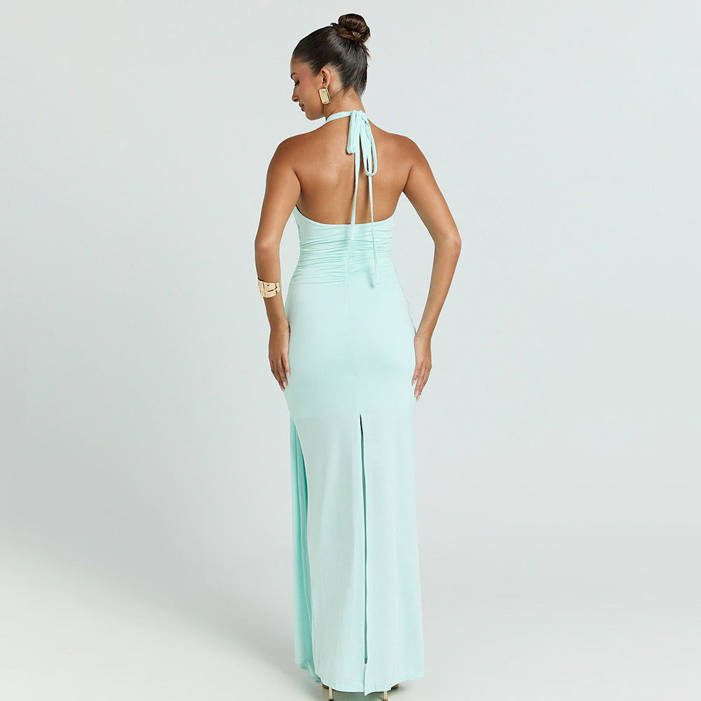 Womens Sexy Waist-Cinching Backless Halter Dress