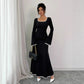Temperament Square Neckline Famous Style Color Block Slim And Elegant Dress
