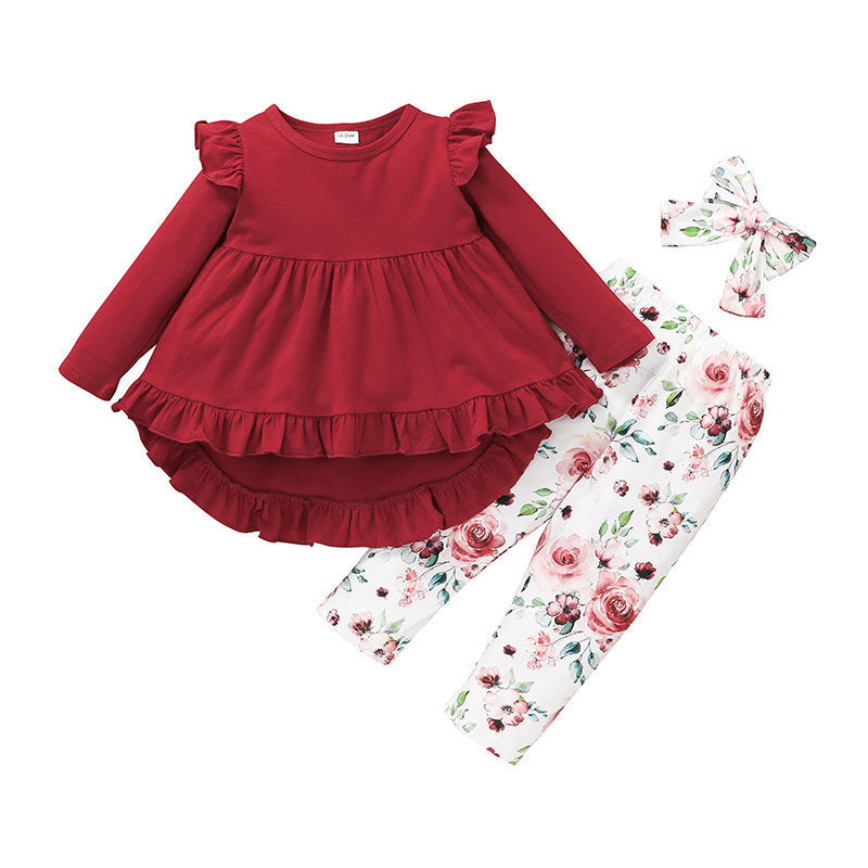 Girls' Lotus Leaf Lace Skirt And Trousers Suit