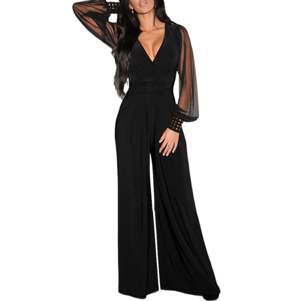 Mesh stitching rivet straight-leg jumpsuit