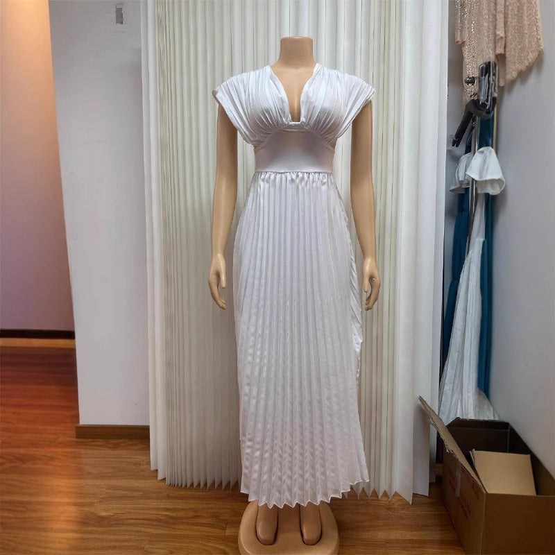 V-neck Bat Sleeve Slim-fit Pleated A- Line Dress