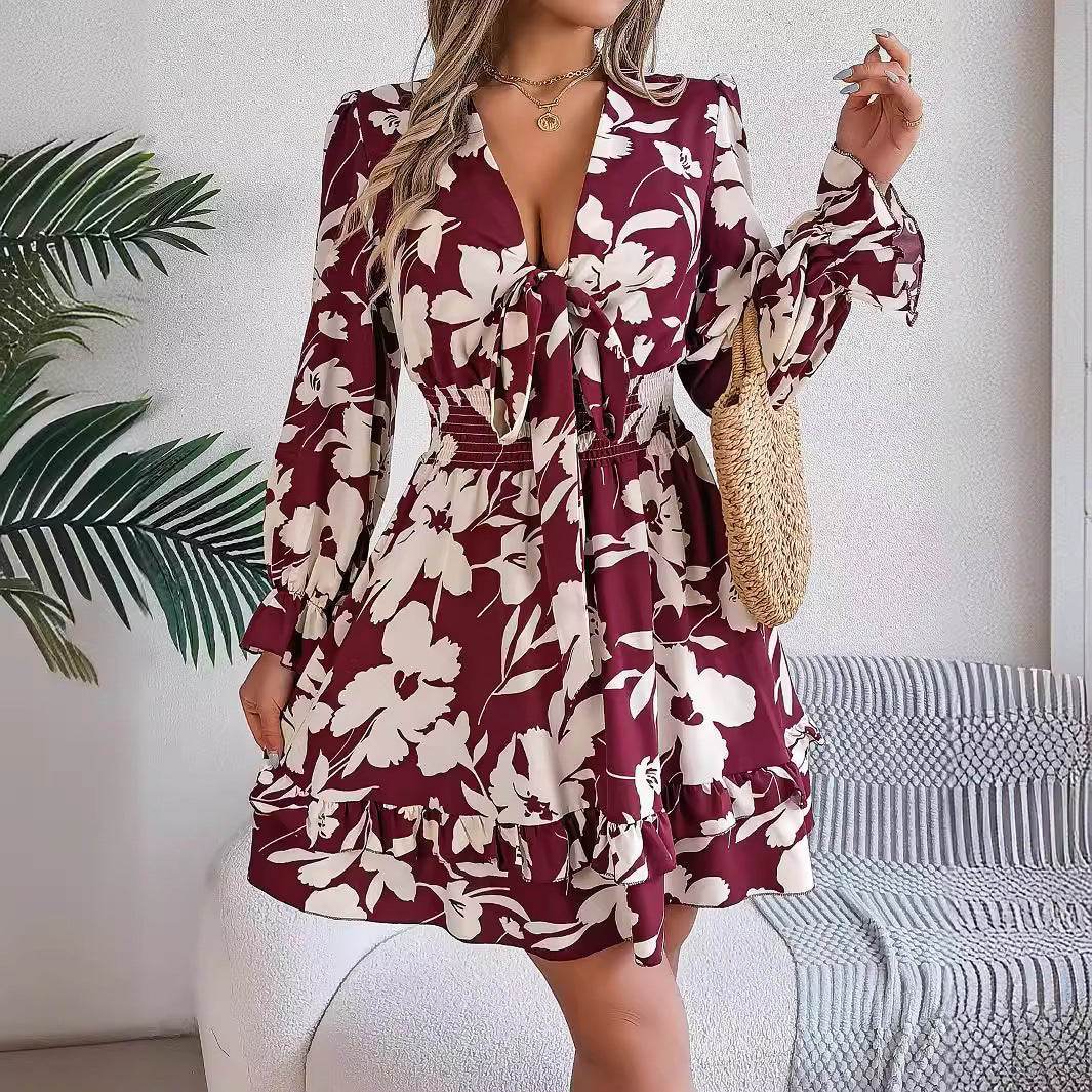 Robe courte à imprimé floral, col en V, manches longues, volants, nœud papillon, coupe trapèze, vêtements pour femmes