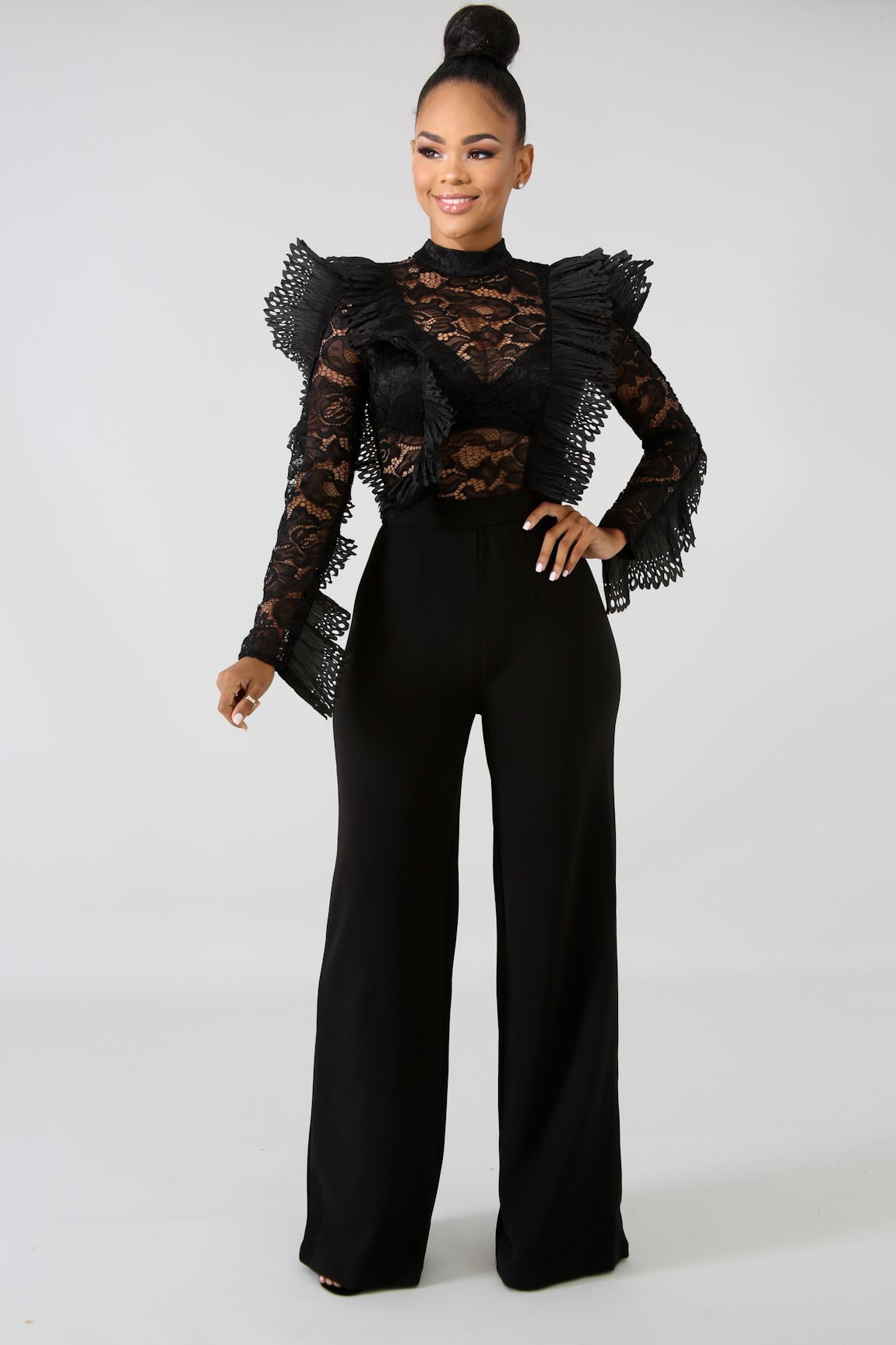 Ruffled lace perspective jumpsuit