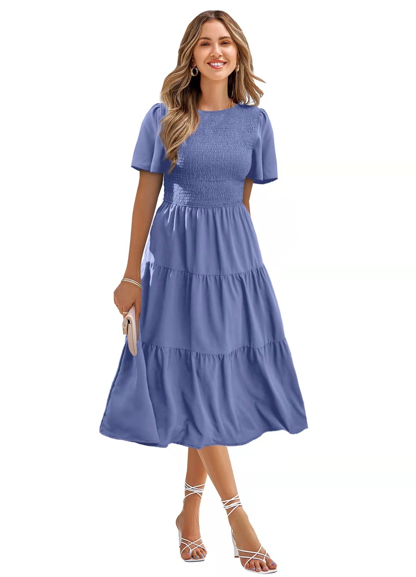 Robe de vacances à smocks et col rond, printemps et été