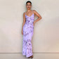 Elegant V-neck Slim-fit Printed Purple Dress Women