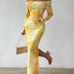 Printed Pleated Tight Split Square Collar Dress