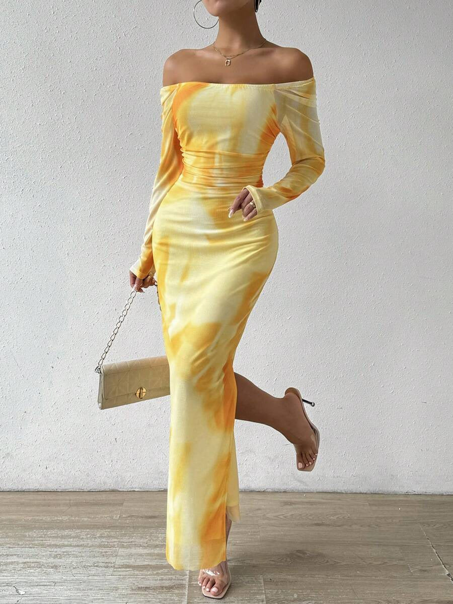 Printed Pleated Tight Split Square Collar Dress