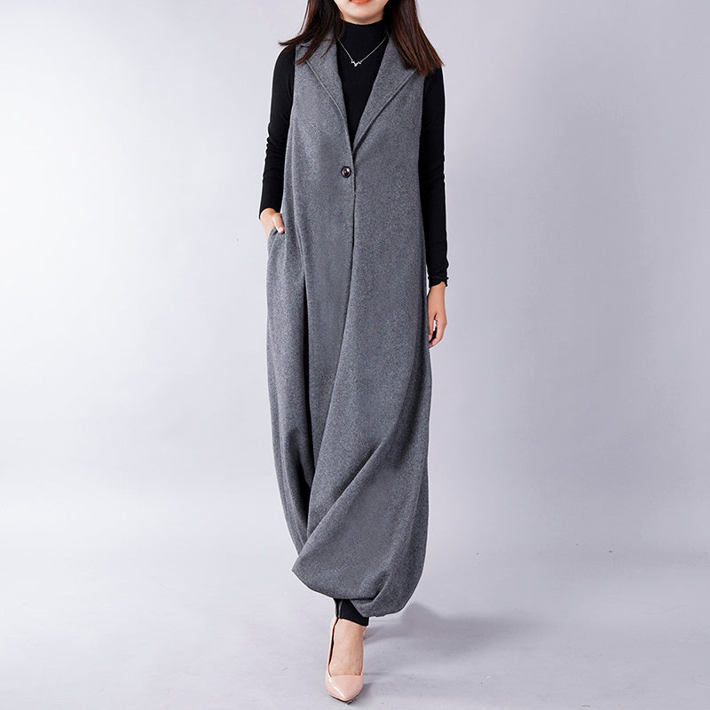 Salopette en laine grande taille, combinaison ample en tweed