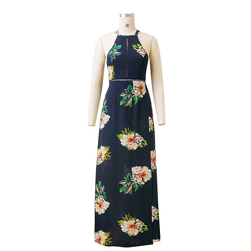 Robe longue sexy dos nu imprimée vintage