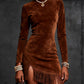 Womens Suede-Like High-Neck Long-Sleeve Tassel Dress