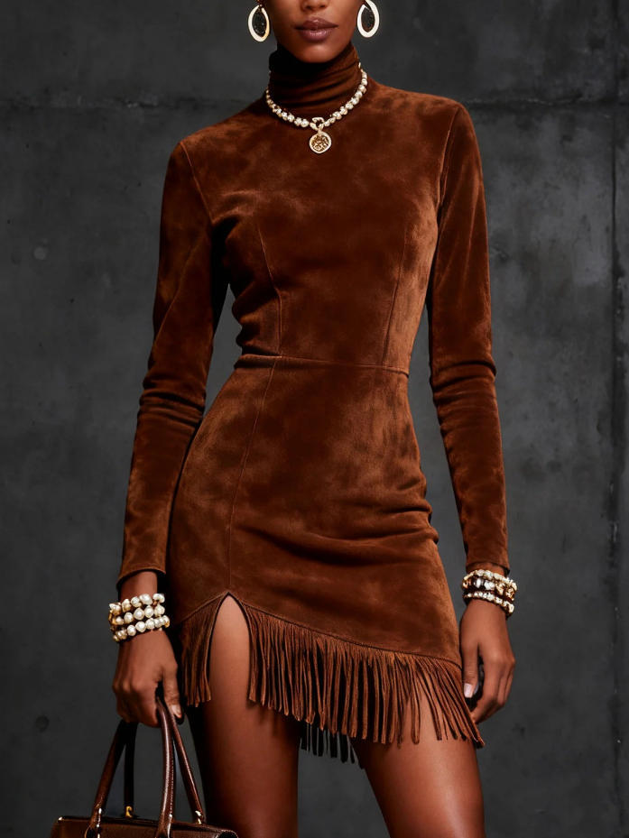 Womens Suede-Like High-Neck Long-Sleeve Tassel Dress