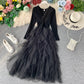 French retro long-sleeved mesh stitching knit dress