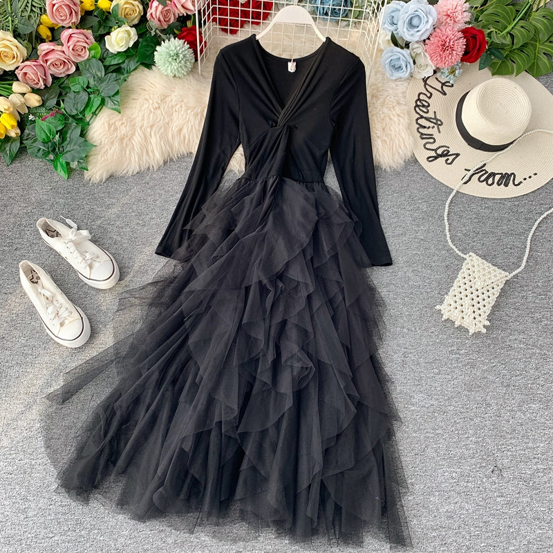 French retro long-sleeved mesh stitching knit dress