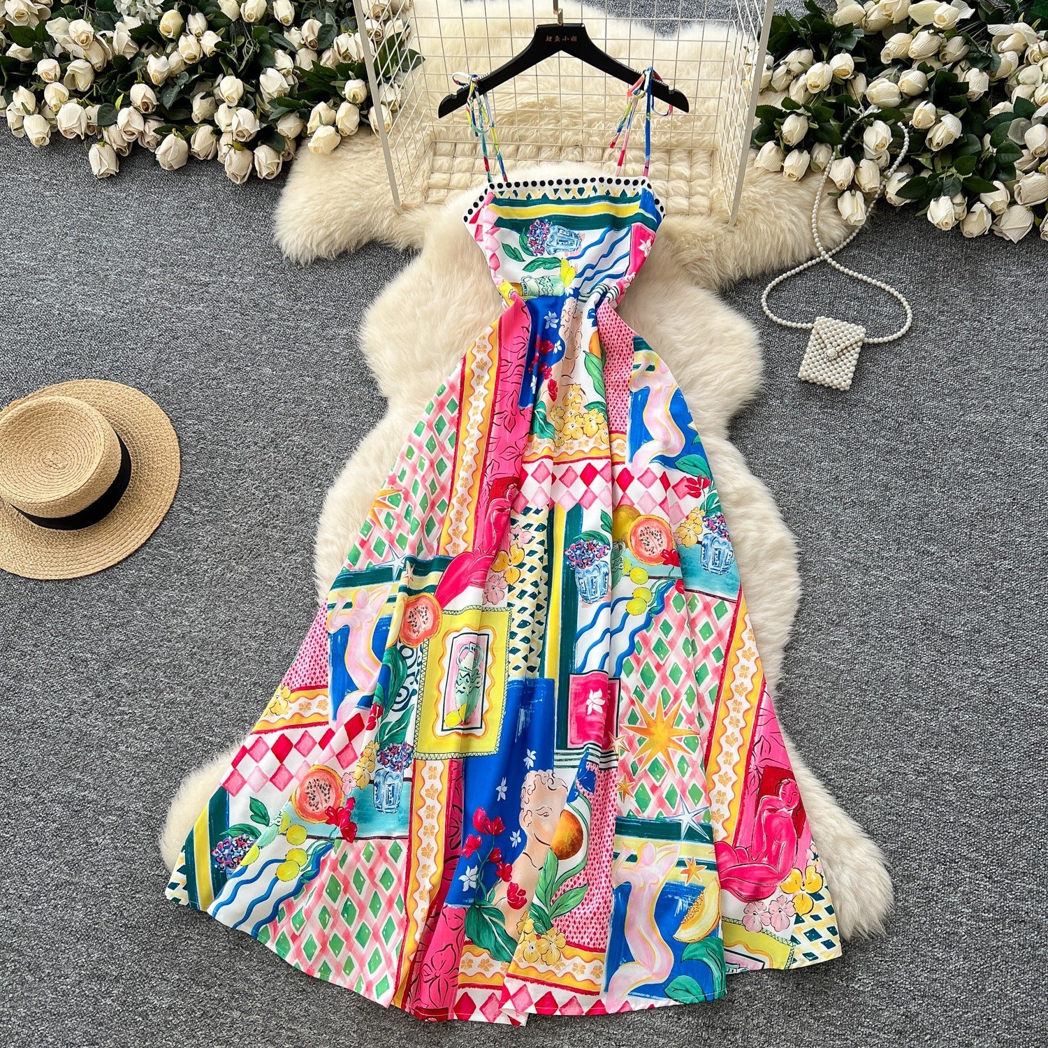 Light Luxury Graffiti Printing Slip Dress Women