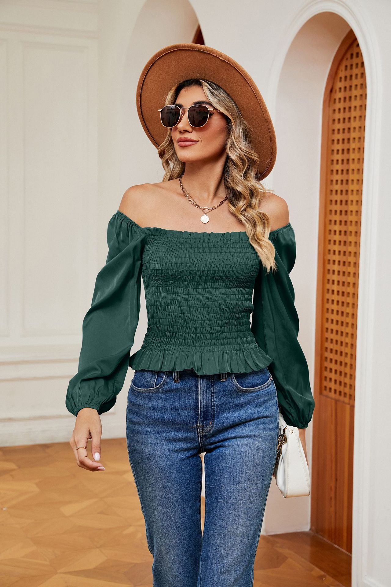Women's Solid Color Square Collar Off-shoulder Slim Long Sleeve Top