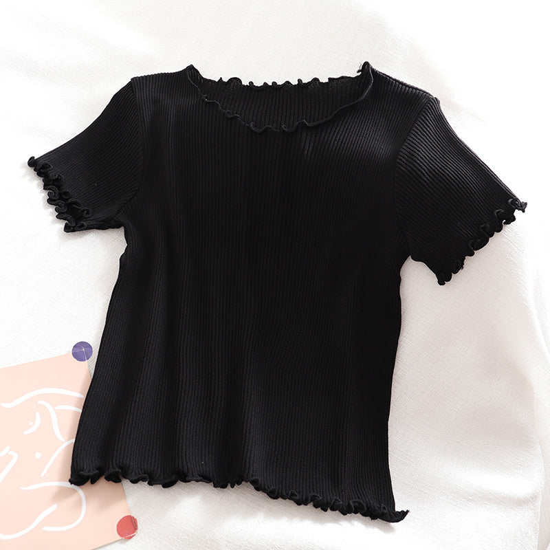 Summer Thin Elastic Pit Strip Half-Sleeved Top Pink Girl