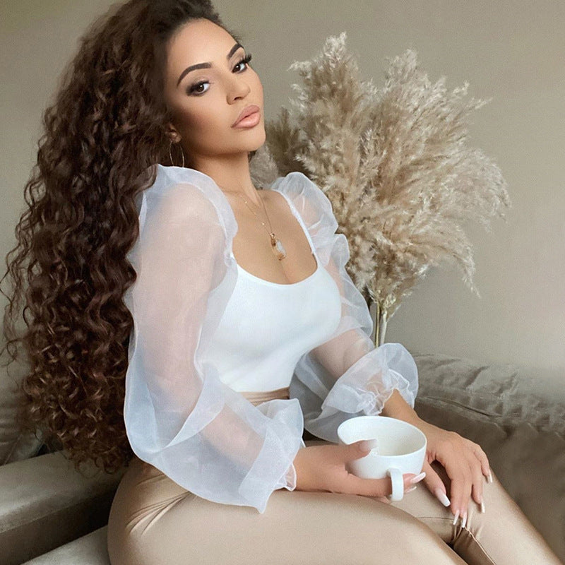 Transparent mesh stitching long sleeves