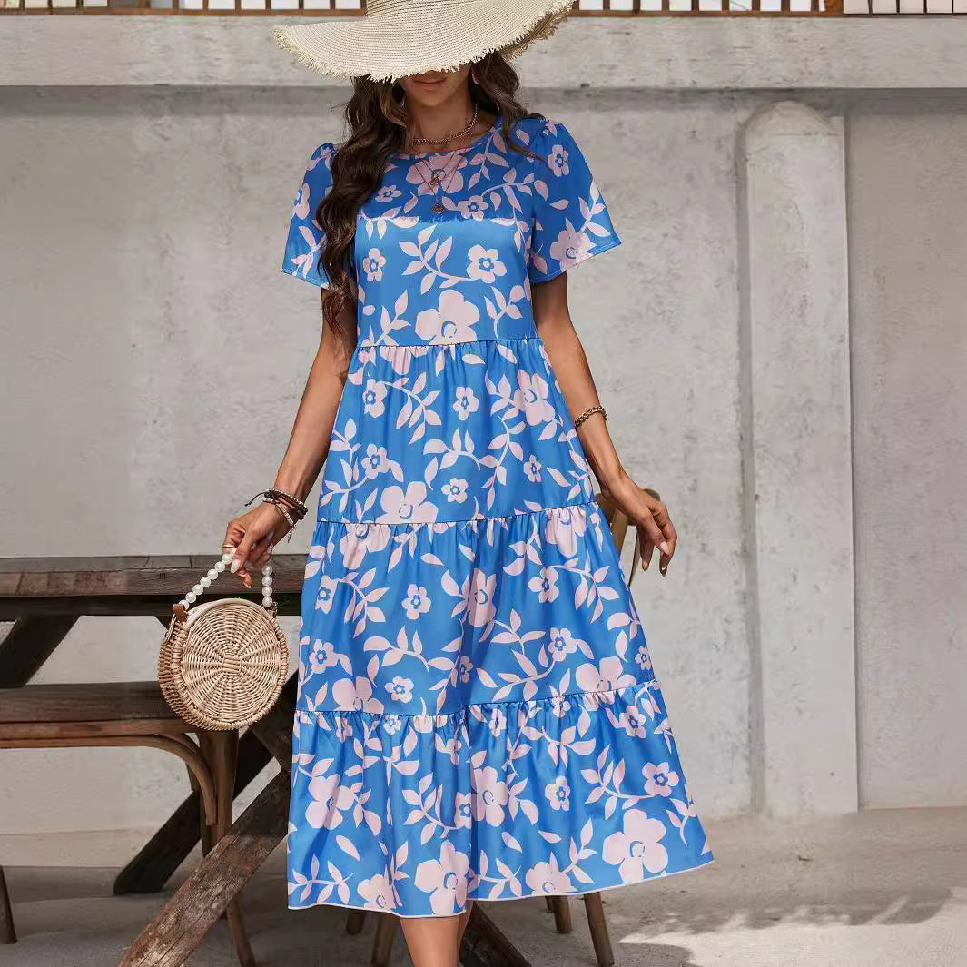 Robe élégante à volants multicouches et à grandes fleurs pour femme