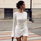 Solid Color Round Neck Long Sleeve Pleated Twist Slim Fit Dress