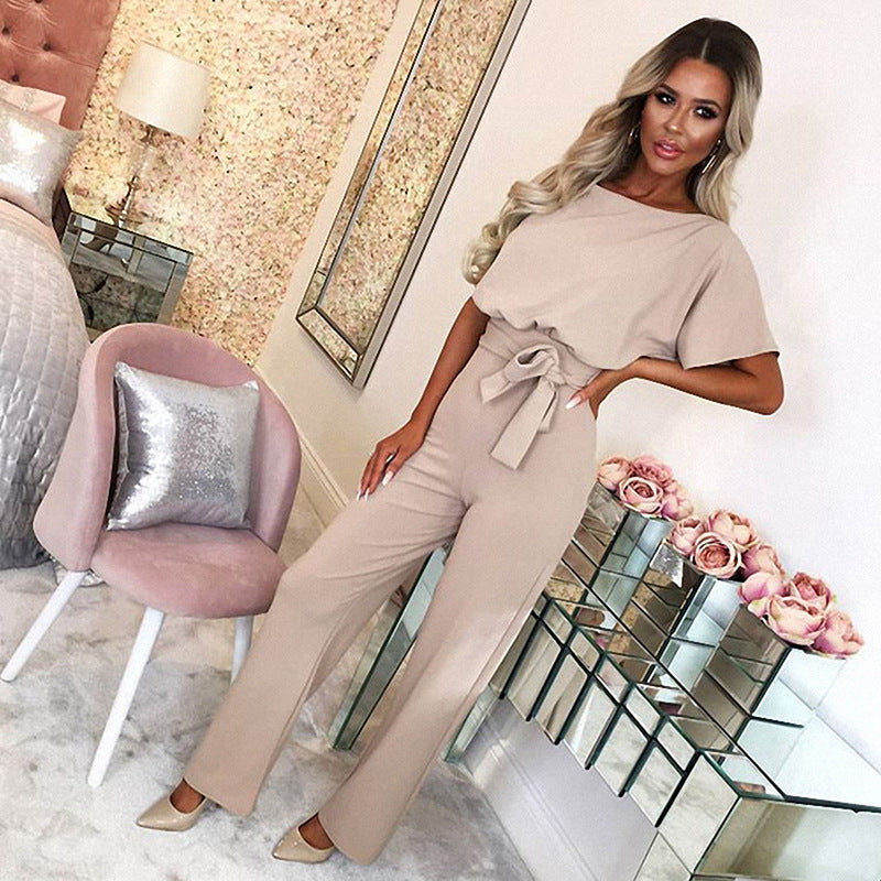 Short sleeve women's jumpsuit with lace button