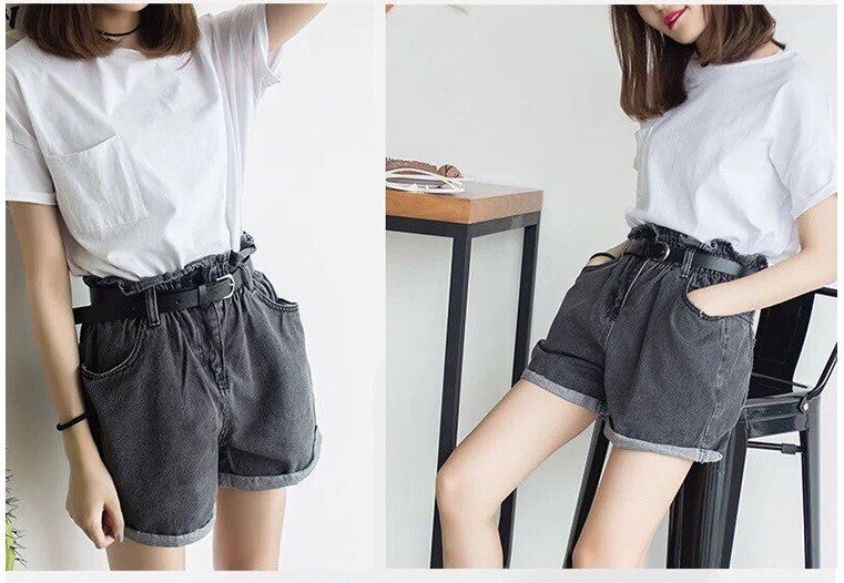 Calyx elastic waist denim shorts female summer high waist was thin student wide leg pants