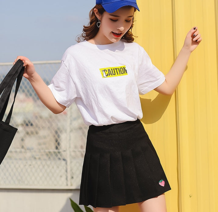 Pleated Skirt Strawberry Embroidered High Waist A-Line Skirt