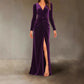 V Neck Pleated Sheath Dress With An Elegant Slit And A Figure Hugging Fit