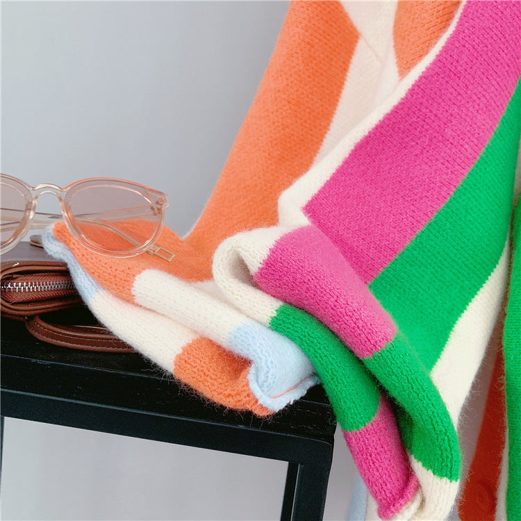 Striped Colorblock Knitted Cardigan Women's New Loose Sweater Coat