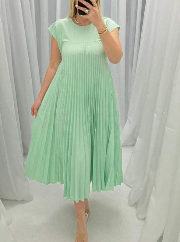 Robe longue plissée à manches courtes et col rond pour femme