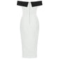Robe de soirée longue fendue noire et blanche avec nœud
