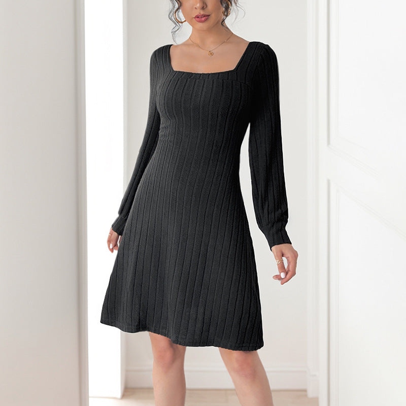 Brushed Sunken Stripe Split V-neck Long-sleeve Dress