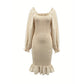 Long Sleeve Square-neck Fishtail Midi Dress