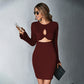 New Hollow Short Skirt Waffle Bell Sleeve Sheath Long Sleeve Dress