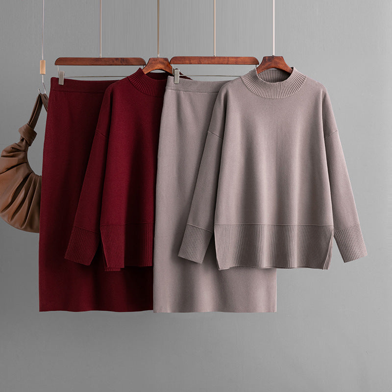 New FallWinter Solid-Color Turtleneck Sweater And Slit Bodycon Skirt Two-Piece Set
