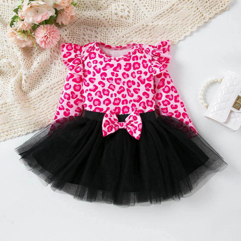 Spring And Autumn Women's Leopard Print Flounced Sleeve Mesh Princess Dress 2-piece Set