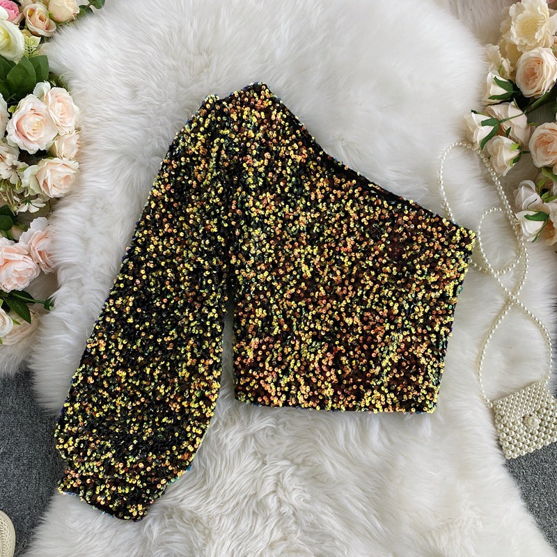 Slim-fit All-matching Short Glitter T-shirt Long Sleeve Top