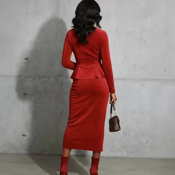 Solid Color Lotus Leaf Hem Top And Bodycon Long Skirt Set